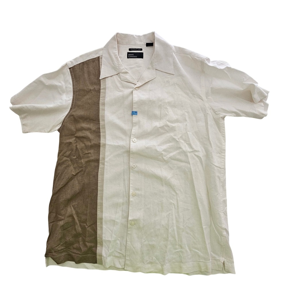 Marc Edwards Mens Linen Blend Colorblock Camp Shirt Cream Tan‎ Short Sleeve M